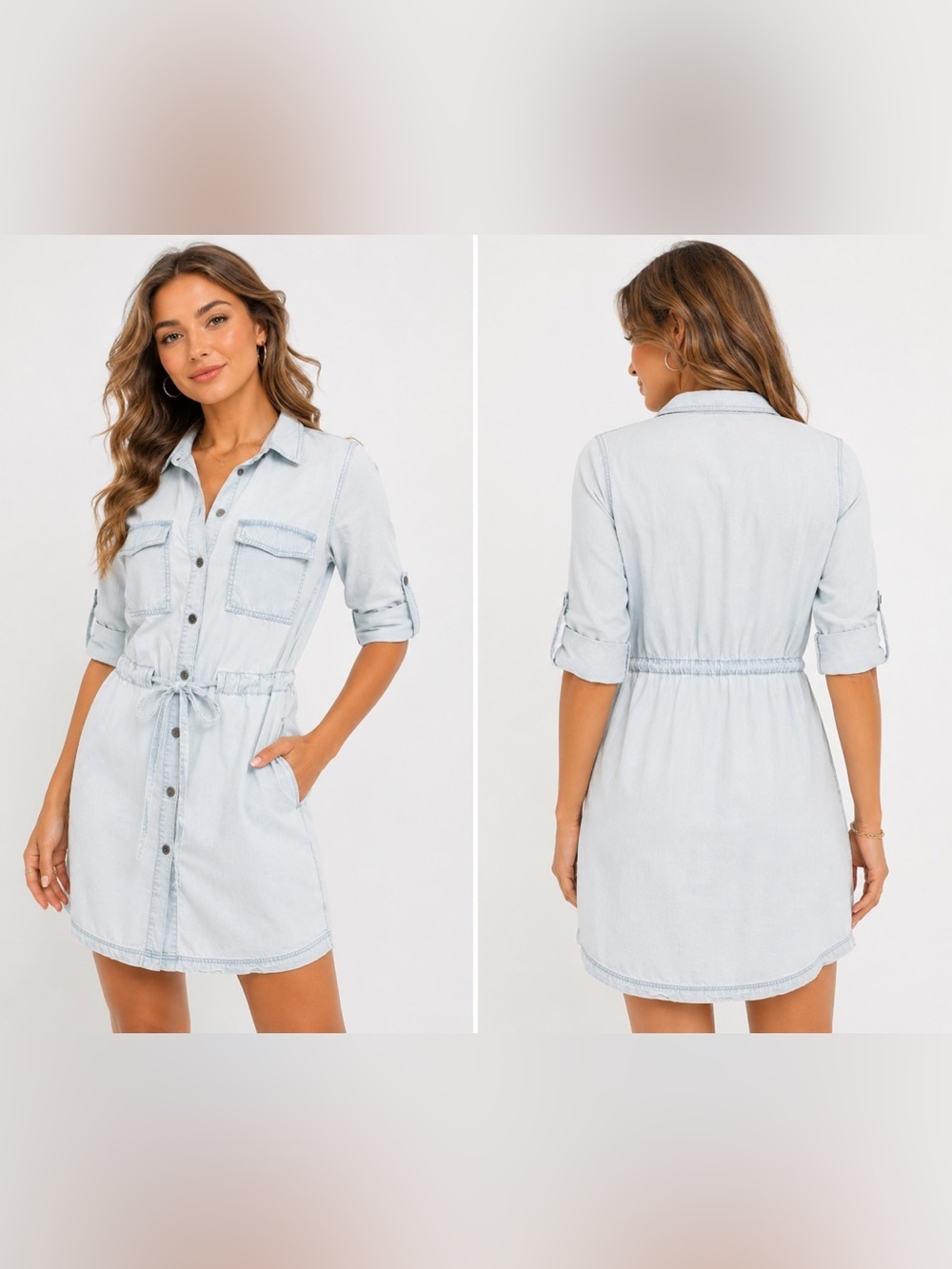 Women’s Light Wash Chambray Shirt Dress Tie Waist Roll Tab Sleeves Size Medium